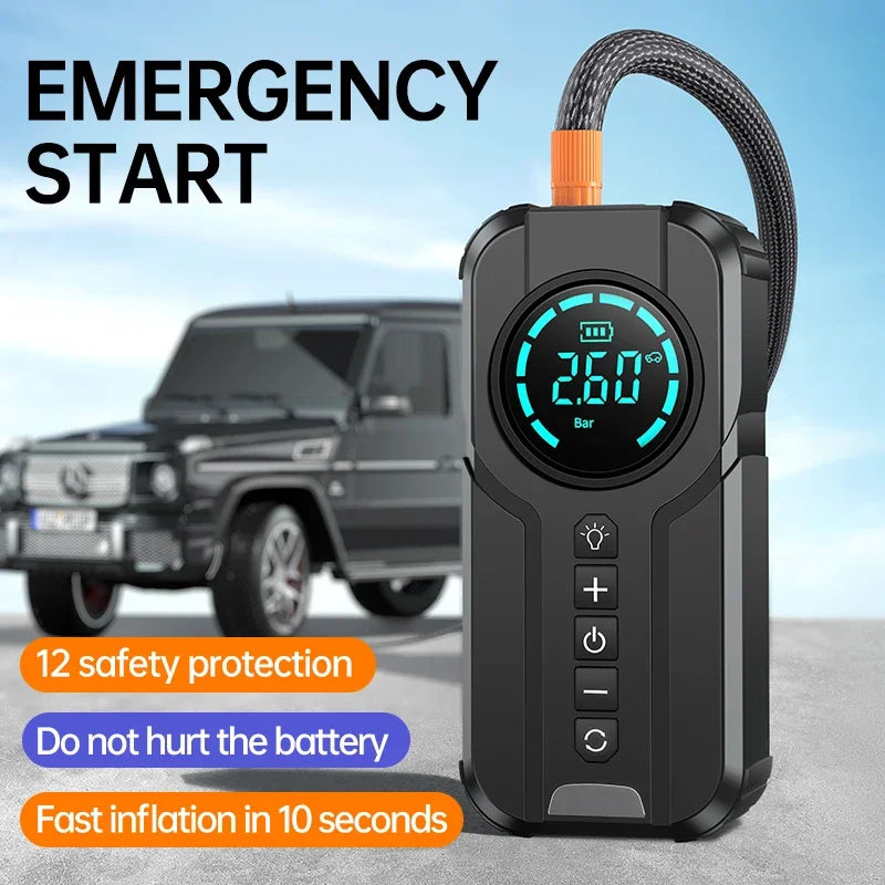 Portable 4-in-1 Car Jump Starter with Air Pump, Power Bank, and LED Lighting