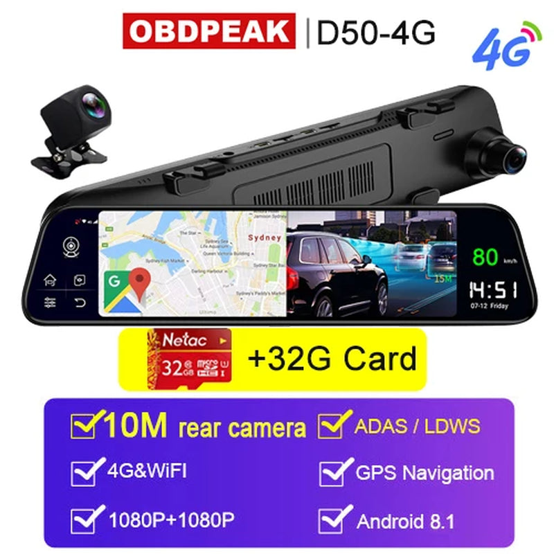 Dash Cam 4G 12 Inch Car Rearview Mirror Stream Media Dual 1080P Android Mirror Car Dvr ADAS Super Night before and after FHD