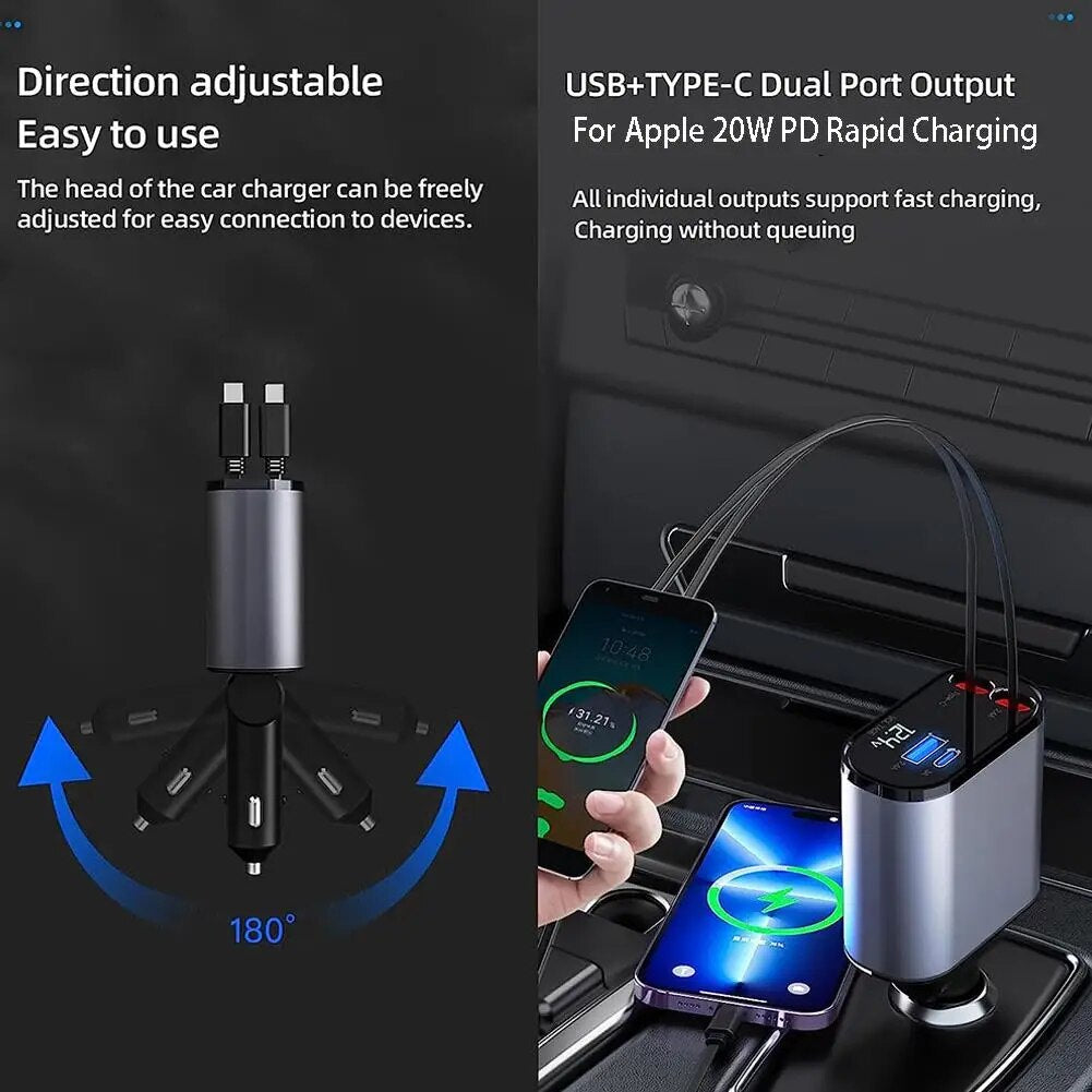  "100W 4-in-1 Retractable Car Charger with USB Type C Cable for iPhone and Samsung - Fast Charging Cord with Cigarette Lighter Adapter"