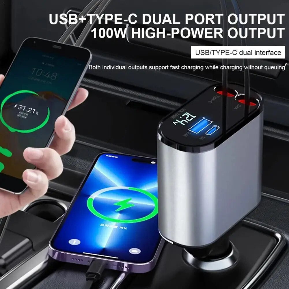  "100W 4-in-1 Retractable Car Charger with USB Type C Cable for iPhone and Samsung - Fast Charging Cord with Cigarette Lighter Adapter"