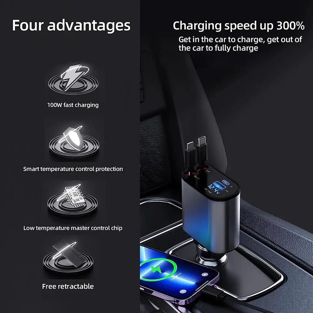  "100W 4-in-1 Retractable Car Charger with USB Type C Cable for iPhone and Samsung - Fast Charging Cord with Cigarette Lighter Adapter"