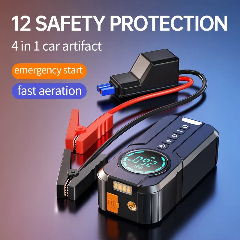 Portable 4-in-1 Car Jump Starter with Air Pump, Power Bank, and LED Lighting