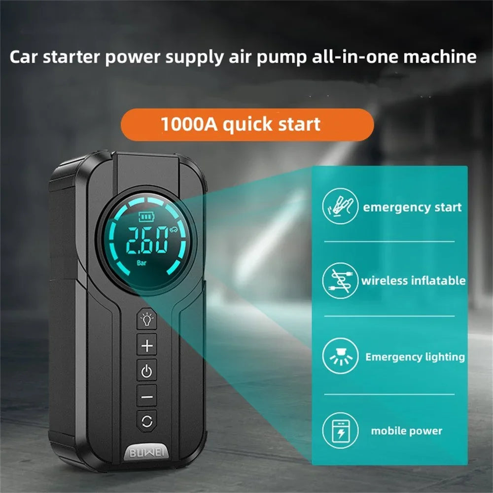 Portable 4-in-1 Car Jump Starter with Air Pump, Power Bank, and LED Lighting