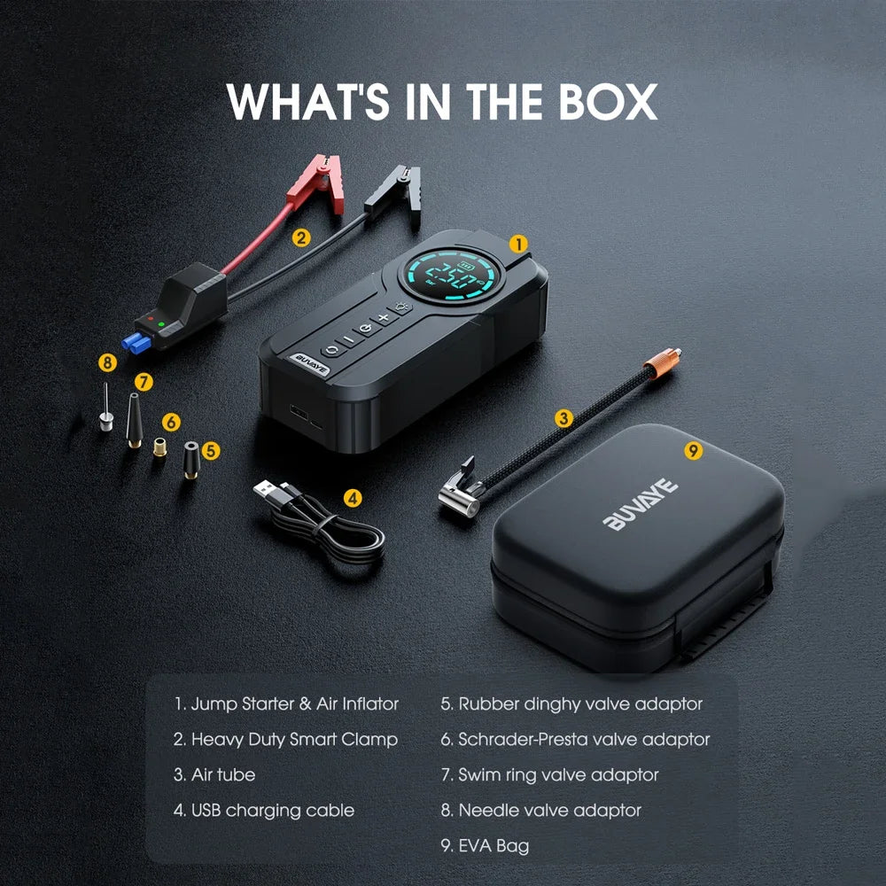 Portable 4-in-1 Car Jump Starter with Air Pump, Power Bank, and LED Lighting