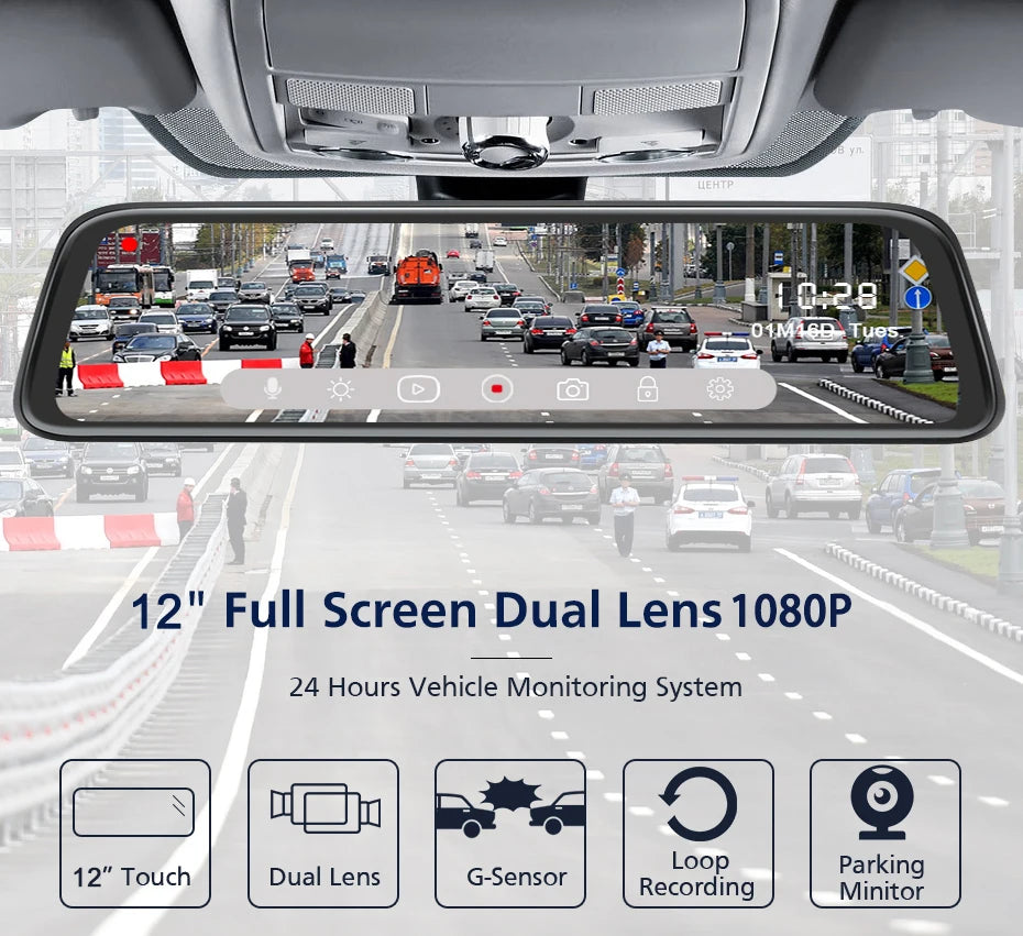 Dash Cam 4G 12 Inch Car Rearview Mirror Stream Media Dual 1080P Android Mirror Car Dvr ADAS Super Night before and after FHD