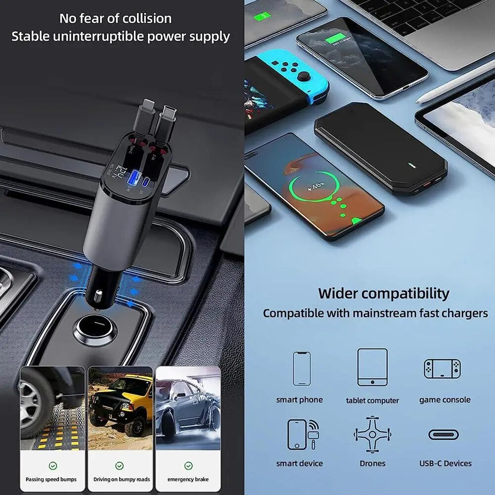  "100W 4-in-1 Retractable Car Charger with USB Type C Cable for iPhone and Samsung - Fast Charging Cord with Cigarette Lighter Adapter"